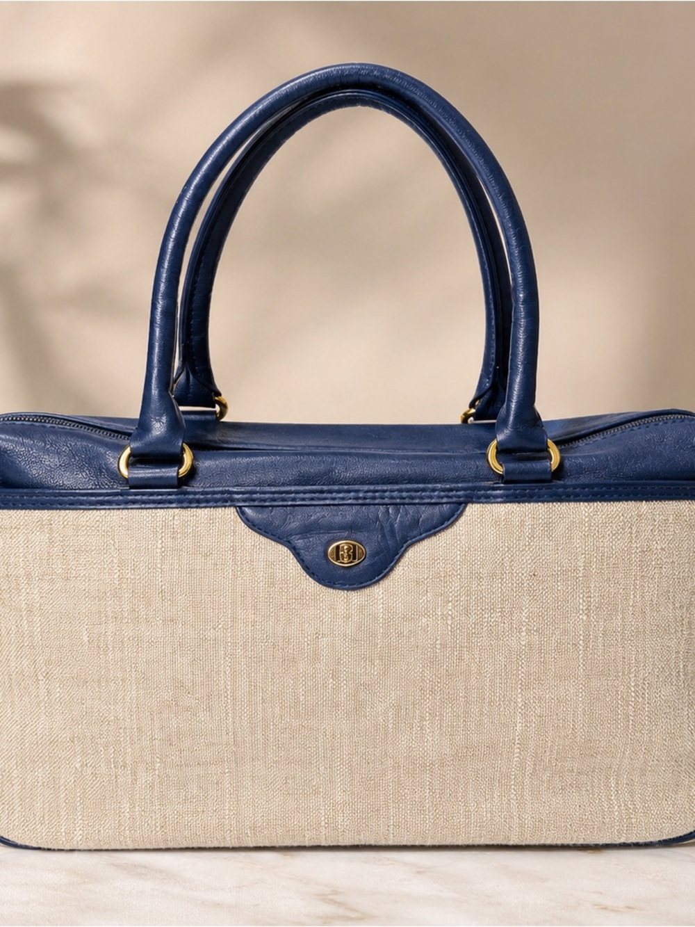 Vintage Borelli Collection Italian Linen Canvas & Navy Leather Satchel Handbag